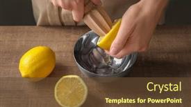  Presentation with rustic wood wooden frame - Audience pleasing slides consisting of man extracting lemon juice with wooden citrus reamer backdrop and a tawny brown colored foreground