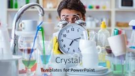  Presentation with housekeeping - Slide set having man failing to meet the deadlines of housekeeping job background and a light blue colored foreground