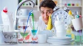  Presentation with housekeeping - Audience pleasing slides consisting of man failing to meet the deadlines of housekeeping job backdrop and a light blue colored foreground