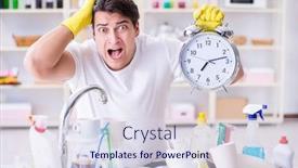  Presentation with housekeeping - Audience pleasing PPT layouts consisting of man failing to meet the deadlines of housekeeping job backdrop and a sky blue colored foreground