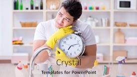  Presentation with housekeeping - Colorful PPT layouts enhanced with man failing to meet the deadlines of housekeeping job backdrop and a coral colored foreground