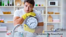  Presentation with housekeeping - Cool new presentation theme with man failing to meet the deadlines of housekeeping job backdrop and a light blue colored foreground