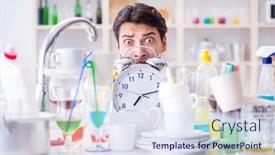  Presentation with housekeeping - Amazing slide set having man failing to meet the deadlines of housekeeping job backdrop and a sky blue colored foreground