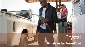  Presentation with petrol station - Cool new presentation theme with man-filling-petrol-in-car backdrop and a tawny brown colored foreground