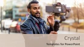  Presentation with camera - Colorful PPT layouts enhanced with man-filming-a-vlog backdrop and a soft green colored foreground