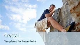  Presentation with mountain climbing - Colorful presentation theme enhanced with man finding a foothold while climbing down a steep piece of mountain with copyspace backdrop and a sky blue colored foreground