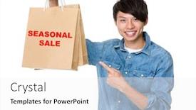  Presentation with finger point - Slides with man finger point to shopping bag for showing phrase of seasonal sale background and a white colored foreground