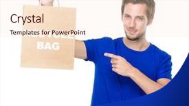  Presentation with finger point - Amazing slide deck having man finger point to the shopping bag and showing phrase of recycle bag backdrop and a lemonade colored foreground