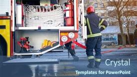  Presentation with firefighter - Colorful theme enhanced with man-firefighter-standing-near-fire backdrop and a ocean colored foreground