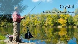  Presentation with fish river - Beautiful PPT theme featuring man fishing - senior fisherman catches a fish backdrop and a light blue colored foreground