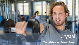  Presentation with lifting weights - PPT theme consisting of man fitness training arm muscle background and a seafoam green colored foreground