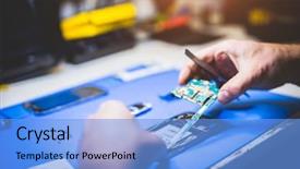  Presentation with professional - Audience pleasing presentation theme consisting of man fixing broken phone professional backdrop and a light blue colored foreground