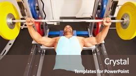  Presentation with flexing - Presentation theme featuring man flexing muscles while bench pressing weights at a gym background and a tawny brown colored foreground