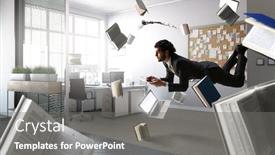  Presentation with laptop - PPT layouts enhanced with blast off - man flies and works background and a gray colored foreground