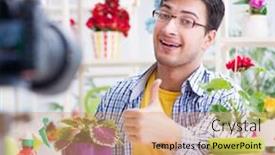  Presentation with google video - PPT theme with man florist gardener vlogger blogger shooting video on camera background and a coral colored foreground