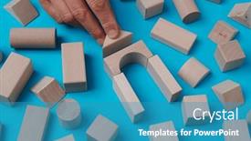 Presentation with wooden building blocks - PPT theme having man-forming-a-house background and a teal colored foreground