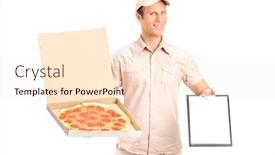  Presentation with pizza delivery - Theme having man from pizza delivery service holding a clipboard isolated against white background background and a lemonade colored foreground