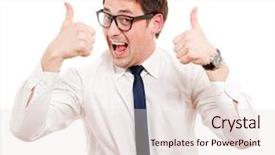  Presentation with business man climbs up to the top of 3d success stairs steps - PPT theme with man gesturing success sign isolated background and a lemonade colored foreground