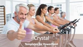  Presentation with exercise bike - PPT theme featuring man gesturing thumbs up with class working out at exercise bike class in gym background and a coral colored foreground