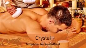  Presentation with hero man and women - Presentation design having man getting herbal ball massage background and a gold colored foreground