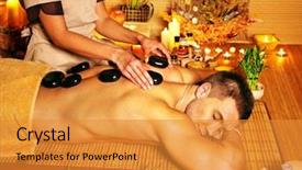  Presentation with massage therapy - PPT layouts enhanced with man getting stone therapy massage in bamboo spa background and a gold colored foreground