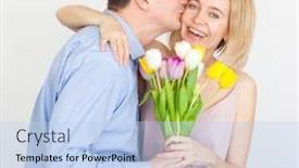  Presentation with valentines - Slides consisting of man gives a bouquet of flowers to woman husband gives a gift to his wife mother's day valentines day background and a light blue colored foreground