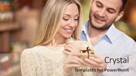  Presentation with young man and a woman - Slide deck with man gives a woman gift background and a  colored foreground