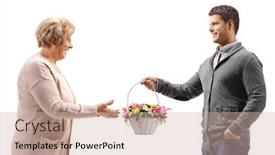  Presentation with white flowers - Beautiful theme featuring man-giving-a-basket backdrop and a soft green colored foreground