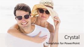  Presentation with giving - Amazing PPT layouts having man giving a piggy back to woman on the beach on a sunny day backdrop and a lemonade colored foreground