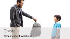  Presentation with giving - Amazing slide set having man-giving-a-schoolbag backdrop and a light gray colored foreground