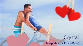 Presentation with lift - Beautiful presentation design featuring man giving girlfriend a lift on his crossbar against hearts hanging on a line backdrop and a light blue colored foreground