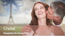  Presentation with eiffel tower - Beautiful PPT theme featuring man giving his partner a kiss against eiffel tower backdrop and a coral colored foreground
