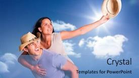  Presentation with giving - Slide deck having man giving his pretty girlfriend a piggy back against bright blue sky with clouds background and a light blue colored foreground