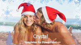  Presentation with kiss - Audience pleasing slides consisting of man giving kiss to partner wearing christmas hats against snow backdrop and a red colored foreground