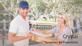  Presentation with happy sad face man - Beautiful PPT layouts featuring man giving package to customer backdrop and a coral colored foreground