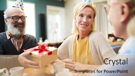  Presentation with birthday celebration - Cool new slide set with man giving package with birthday backdrop and a coral colored foreground