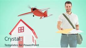  Presentation with logistics fleet of delivery vehicles - Cool new presentation design with man giving parcel by house backdrop and a cool aqua colored foreground