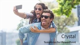  Presentation with man vs woman - Presentation theme featuring man giving piggyback to woman background and a light blue colored foreground