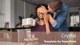  Presentation with birthday cake - Beautiful PPT theme featuring man giving present to his beloved girlfriend on birthday with cake on table cheerful african woman surprised by man during her 25th birthday guy covering girl eyes while surprising her with present backdrop and a coral colored foreground