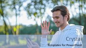  Presentation with conference - Presentation theme with man-greets-the-participants background and a  colored foreground