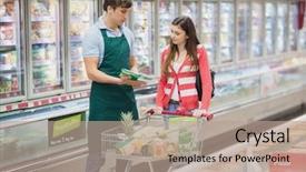  Presentation with customer complaints - Presentation theme enhanced with man grocer advising his customer background and a coral colored foreground