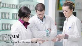  Presentation with team group - Theme having man group standing in pharmacy background and a light gray colored foreground