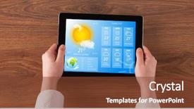  Presentation with forecast - Amazing PPT theme having man hand checking weekly weather backdrop and a tawny brown colored foreground