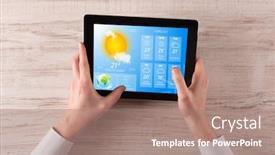  Presentation with forecast - Audience pleasing presentation theme consisting of man hand checking weekly weather forecast on tablet backdrop and a coral colored foreground
