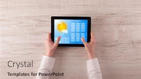  Presentation with forecast - Beautiful PPT theme featuring man hand checking weekly weather forecast on tablet backdrop and a mint green colored foreground