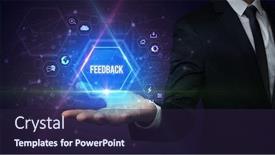  Presentation with social media - PPT layouts having man-hand-holding-feedback-inscription background and a wine colored foreground