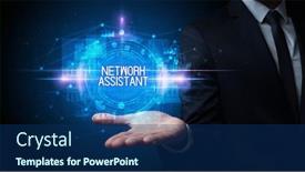  Presentation with network - Beautiful theme featuring man-hand-holding-network-assistant backdrop and a navy blue colored foreground