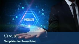  Presentation with social media - PPT layouts enhanced with man-hand-holding-podcasts-inscription background and a ocean colored foreground