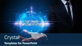  Presentation with software - Cool new theme with man-hand-holding-software-implementation backdrop and a ocean colored foreground