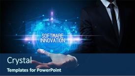 Presentation with software - Cool new presentation theme with implementation - man hand holding software innovation backdrop and a ocean colored foreground